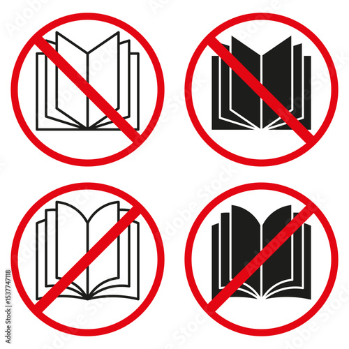 Forbidden book symbol. Red slash icon. Censored reading Vector. Warning circle sign.