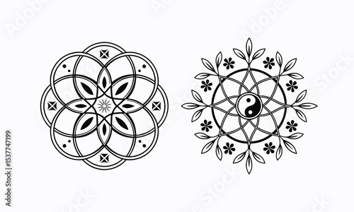 Harmony in Design:  An elegant pairing of intricate mandalas, demonstrating balance, symmetry, and spiritual depth. Evoking a sense of peace, meditation.