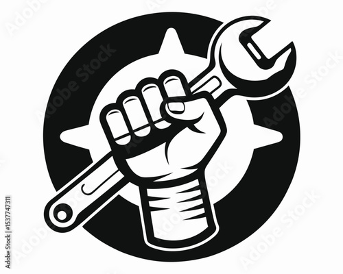 Mechanic's strong hand holding wrench symbol of maintenance and repair services emblem