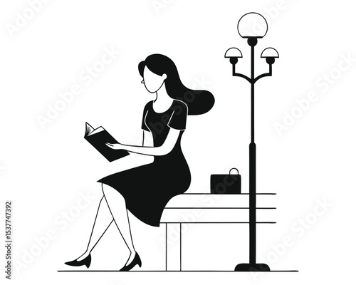 Elegant woman reading a book on a bench near a lamp post in minimalist style.