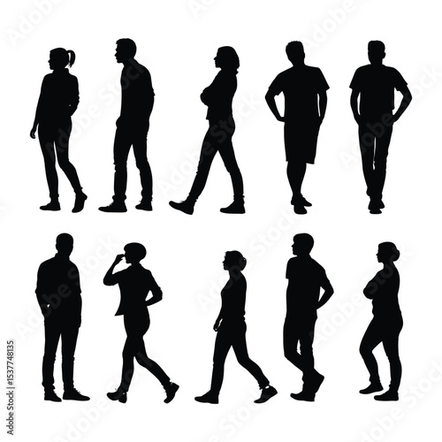Silhouettes of Daily Life: A striking ensemble of human figures in silhouette, capturing diverse postures and activities, from casual strides to pensive moments, forming a compelling visual narrative.