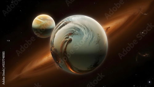 Twin Exoplanets Orbiting in Cosmic Nebula with Glowing Atmospheric Effects