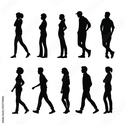 Human Silhouette Collection: A minimalist compilation of human silhouette, in black, showcasing different postures and stances in a clean, modern style.
