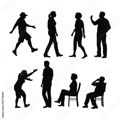 Human Silhouettes in Action: Eight individuals depicted in a range of dynamic poses, from walking and gesturing to sitting and reaching, rendered in a striking silhouette style.