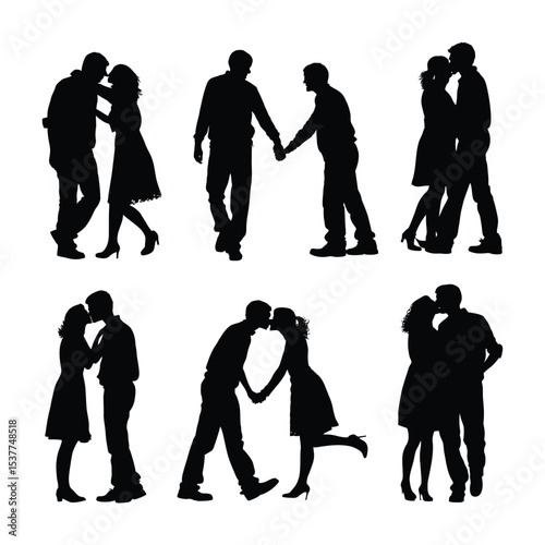 Silhouette of Romantic Couples: A collection of striking silhouettes depicts various intimate moments of couples, from tender kisses to hand-holding walks.