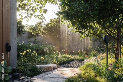 Serene garden with water feature, stone path, lush greenery, and sunlight.