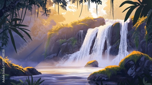 Serene jungle waterfall at sunrise, cascading water over mossy rocks into a calm pool.