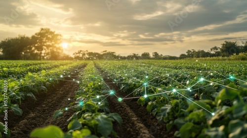 Smart farming sunset landscape with connected plants.