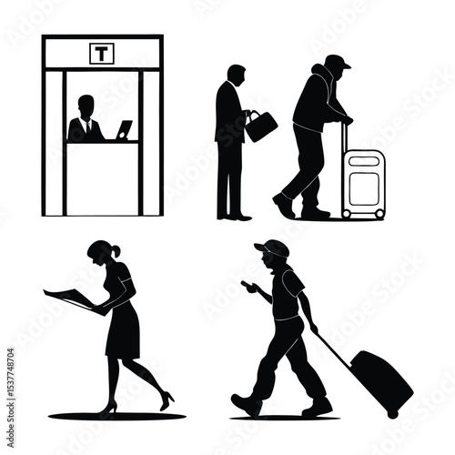 Waiting Traveler: A silhouette collection showcases everyday scenes of people, highlighting their journeys through various stages, including a person at a ticket booth, person with a briefcase.