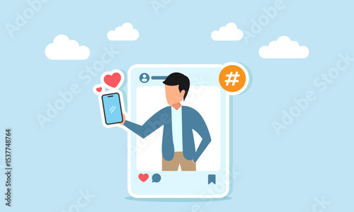 a man holding smartphone inside social media frame taking a selfie illustration of personal branding