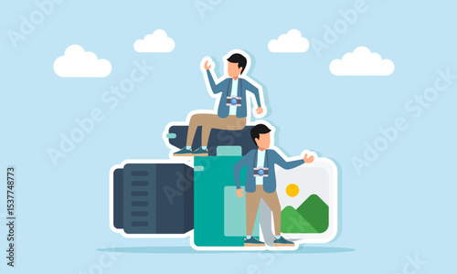 two photographers around camera and nature photo album illustration of preparing for nature themed photo session as influencer
