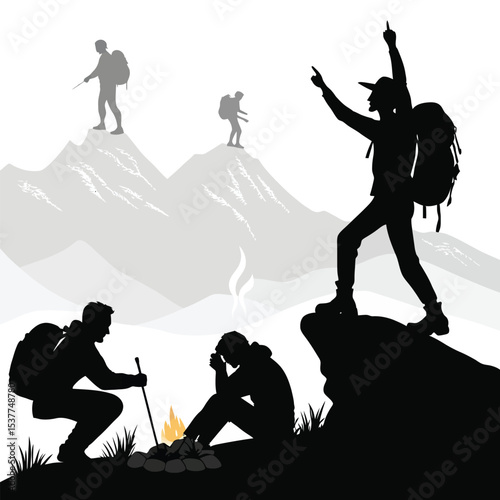 Mountain Climbers Silhouette: An evocative scene of dedicated mountain climbers conquering majestic peaks, reflecting resilience, and the triumph of human ambition