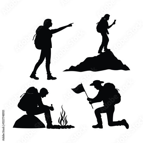 Adventurous Hike Silhouettes: Enigmatic silhouettes of hikers traversing diverse terrains, showcasing the spirit of exploration and the thrill of outdoor adventure.