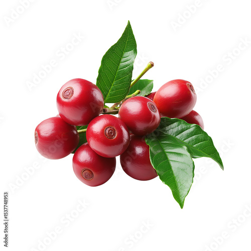 A bunch of reddish-orange coffee cherries, with leaves on the left side and a transparent background. 