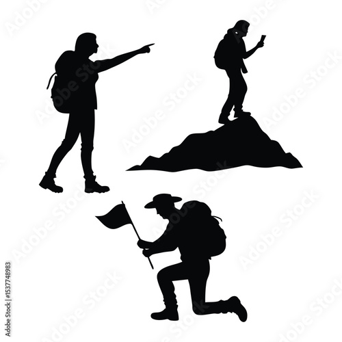 Journey of Three Adventurers: Silhouetted figures embark on a grand adventure, traversing mountains and valleys with purpose and resolve.