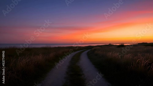 Winding Path Through Grass Leads To Ocean Under Vivid Sunset Sky With Hues Of Orange Pink And Purple