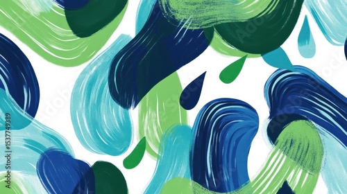 Abstract teal, green, and blue paint strokes on white background.