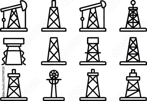 Drilling rig icon set outline style icons isolated on transparent background