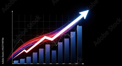 A bar graph showing upward trend with a white arrow on a black background with grid lines visible