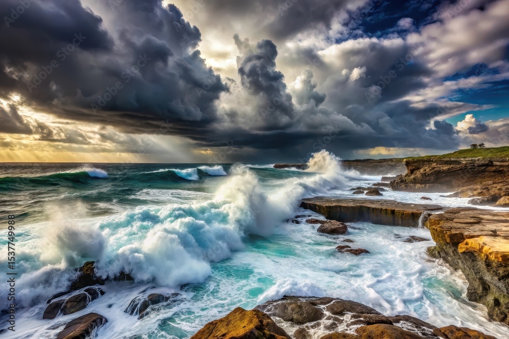 Fototapeta premium Dramatic Ocean Waves Crashing Against Rocky Coastline Under a Stunning Stormy Sky