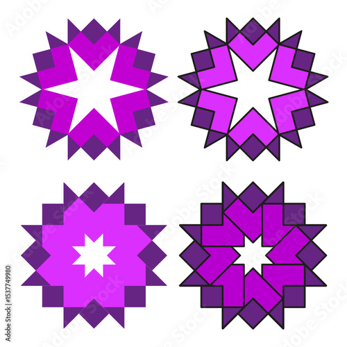 Pink purple icons. Decorative star forms. Bright petal elements. Vector flower shapes