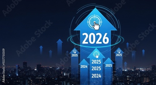 Blue arrows with years rising above a city skyline pointing toward the year twenty twenty six