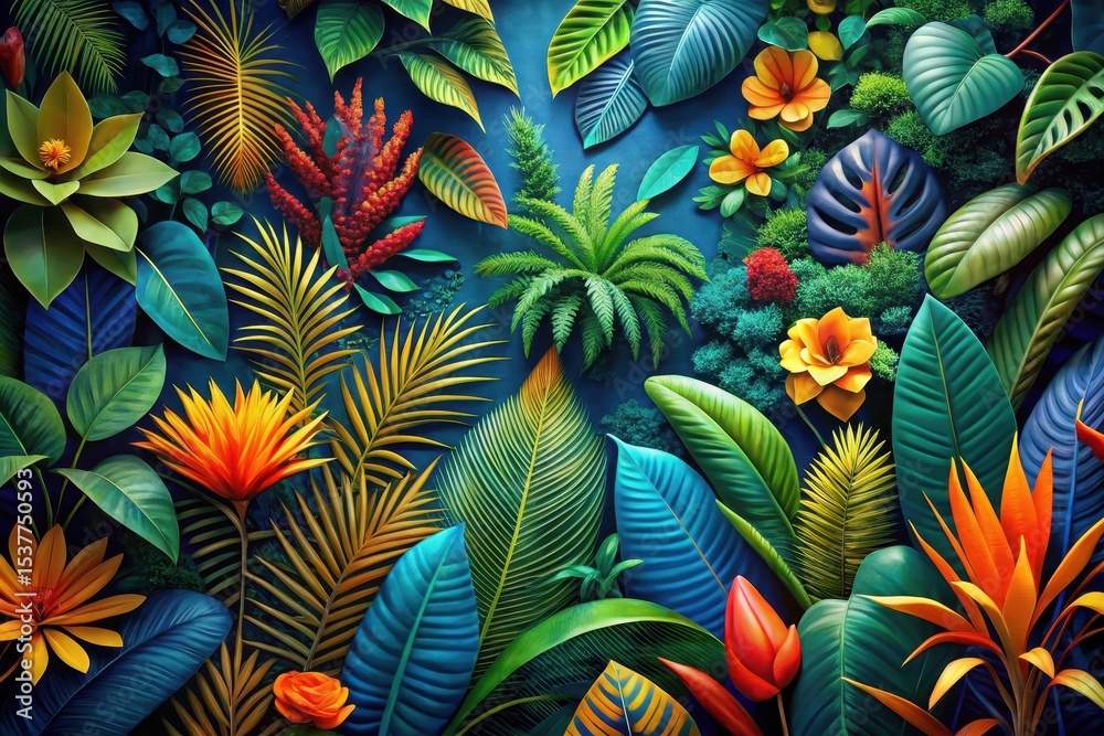 Naklejka premium Vibrant Tropical Foliage and Exotic Blooms Arranged in a Lush, Colorful Composition Featuring a Rich Palette of Greens, Yellows, Oranges, and Reds