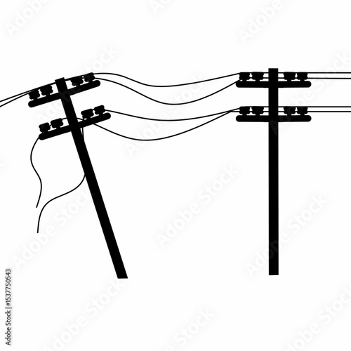 Vector illustration of two electricity poles collapsed due to natural disaster. Isolated on white background. Suitable for disaster logo. Vector illustration