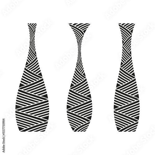 Striped bottle icons. Tall curved shapes. Vector vase figures. Decorative pattern form.