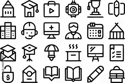 Education and school outline icons set in linear style isolated on transparent background