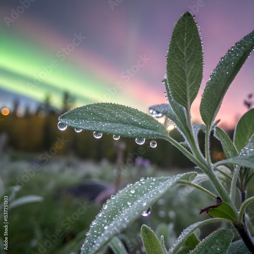 Dew-kissed sage leaves shimmer with auroral reflections—capturing the essence of dawn magic and natural wonder in a single frame.