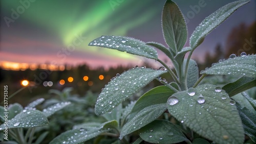 Dew-kissed sage leaves shimmer with auroral reflections—capturing the essence of dawn magic and natural wonder in a single frame.