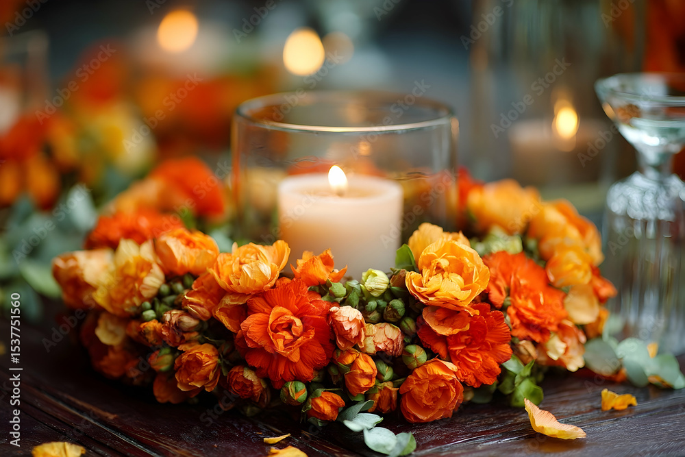 Obraz premium Autumnal flower wreath with candles.