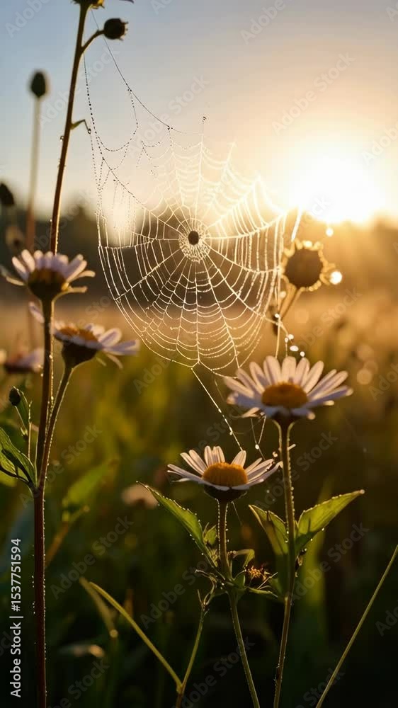 custom made wallpaper toronto digitalGlowing spiderweb with dew drops among chamomile flowers in a field at sunrise casting warm light in the peaceful early morning landscape