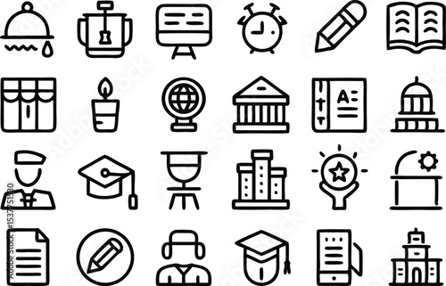 Collection of education and school outline icons isolated on transparent background