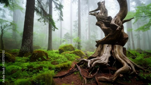 Wallpaper Mural Misty Forest Scene Featuring an Old Tree Stump Surrounded by Lush Green Moss and Tall Evergreen Trees Torontodigital.ca