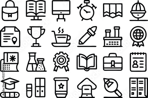 Linear style education and school outline icons set isolated on transparent background