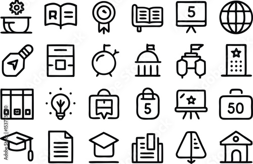 Education and school outline icons set in linear style isolated on transparent background