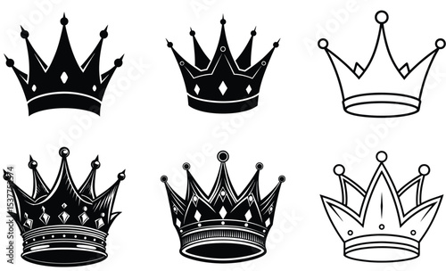 Bundle of crown silhouette and line art vector.