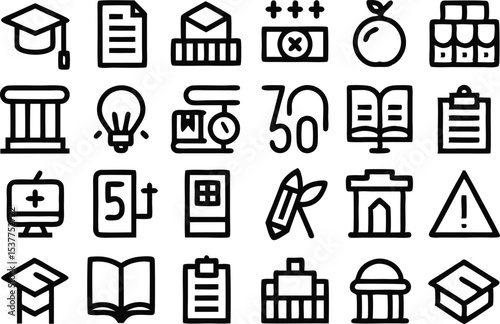 Collection of education and school outline icons isolated on transparent background