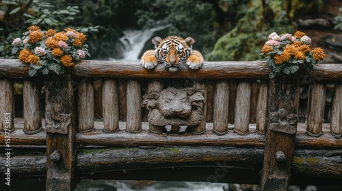 view of a tiger in the forest decorated with plants and sunlight