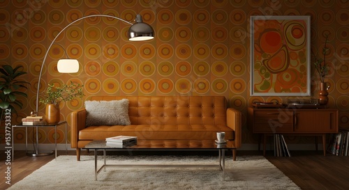 Mid-Century Modern Living Room Interior Design with 70s Retro Wallpaper