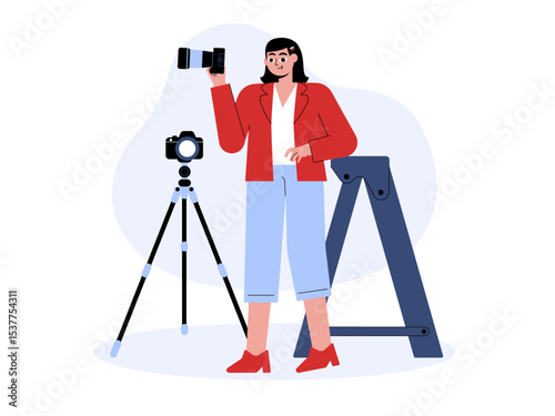 Female photographer holding camera and leaning on small ladder. Professional photographer illustration. Cameraman concept. Flat vector illustration.