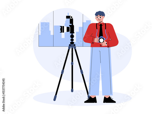 Photographer poses facing front and holding camera with both hands. Professional photographer illustration. Cameraman concept. Flat vector illustration.
