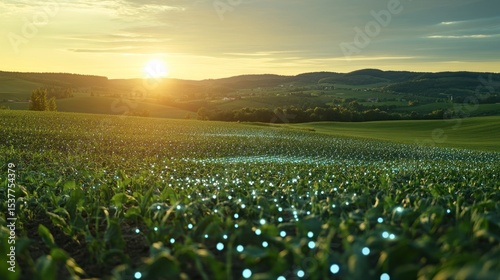Sunset over a field of glowing plants.