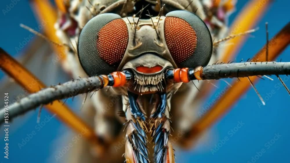 Intense close-up of a mosquito's mouthparts, showing the complex feeding mechanism, advanced tone, Complementary Color Scheme.