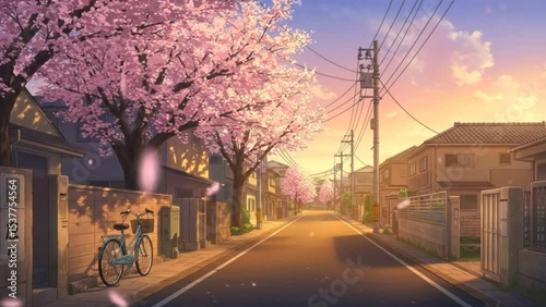 Quiet suburban anime street with cherry blossom trees, parked bicycle, and glowing sunset sky creating peaceful spring evening atmosphere. Illustration concept

