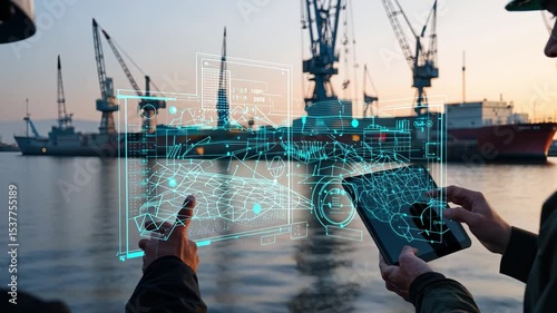 Smart Port Technology: Two workers at a busy port use augmented reality technology on a tablet to monitor and manage shipping containers.
