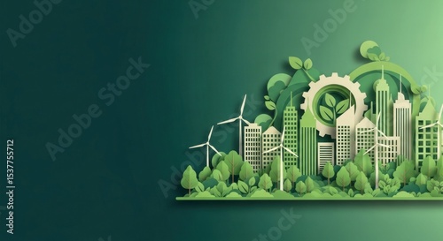 Paper cut style illustration of a green city with wind turbines and buildings on a green background