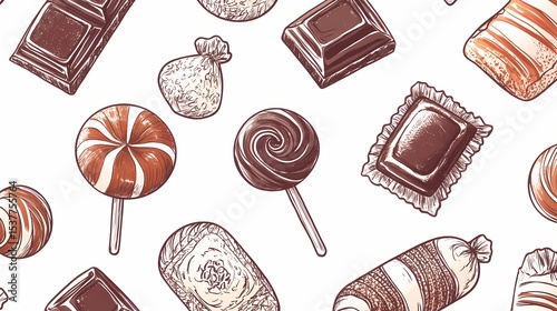 Hand drawn pattern of assorted chocolates and sweets.
